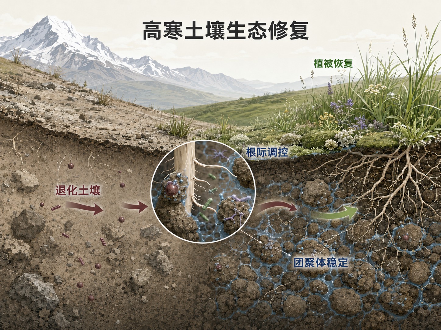 高寒土壤剖面与植物根系恢复的研究示意图
