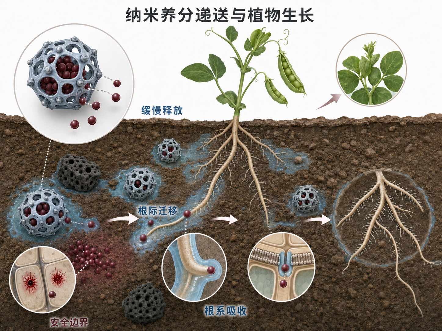 材料化养分沿根系递送并促进植物生长的研究示意图