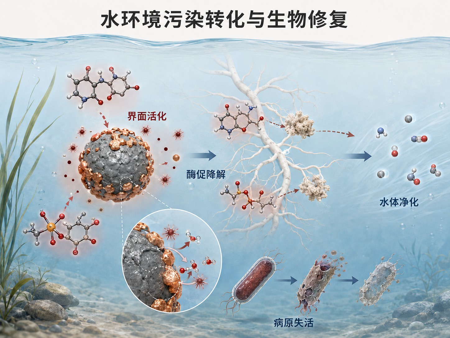 水体界面反应与白腐菌降解污染物的研究示意图